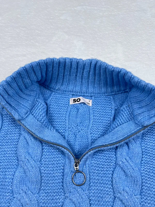 SO Cable Knit Quarter Zip Mock Neck Sweater Blue Size S - Image 2