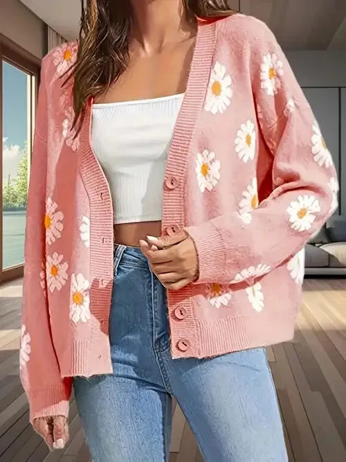 SheIn Hot pink Daisy floral print open front button cardigan sweater - Image 4