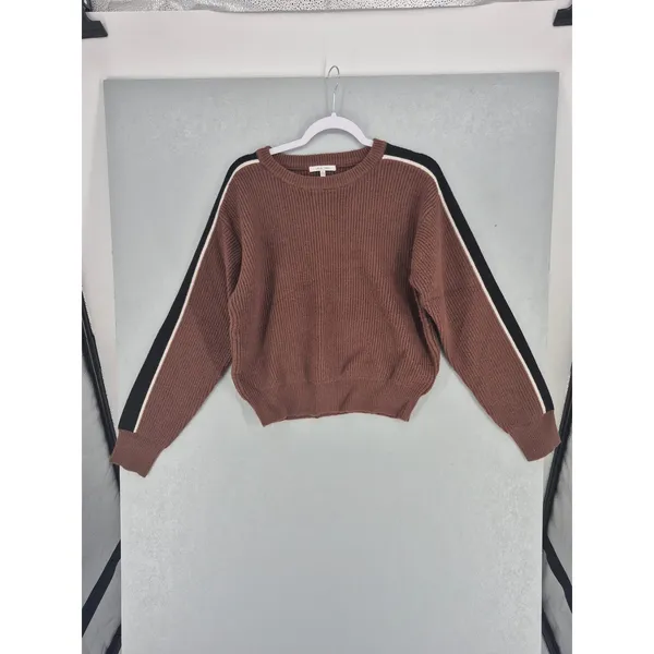 Womens Sweater Brown Ribbed Knit Racing Stripe Crewneck‎ Large - Image 2
