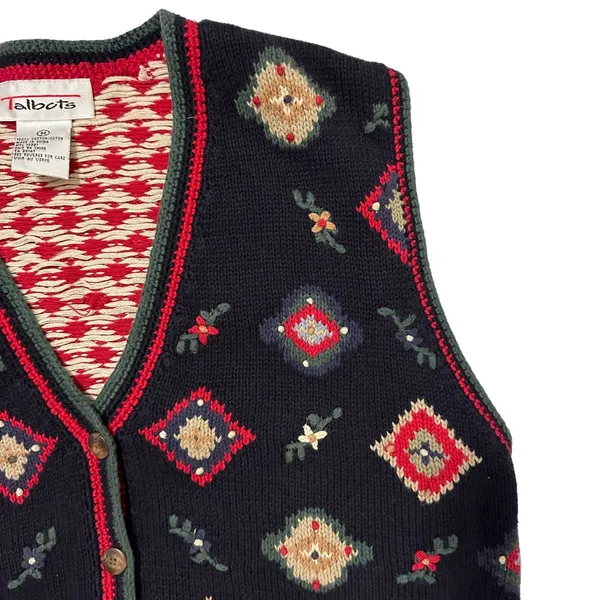 Vintage Talbots Button Down Vest Blue Floral/Holiday Women's‎ Size Medium - Image 2