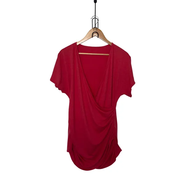 Halara Womens Wrap V-Neck Ruched Top Medium Coral Pink Short Sleeve T-Shirt - Image 4