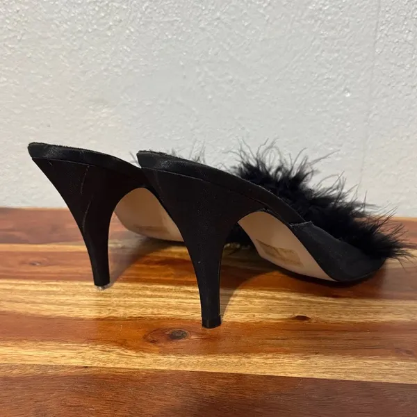 Vintage Y2K Frederick's of Hollywood Black Marabou Feather Satin Peep Toe Heel - Image 13