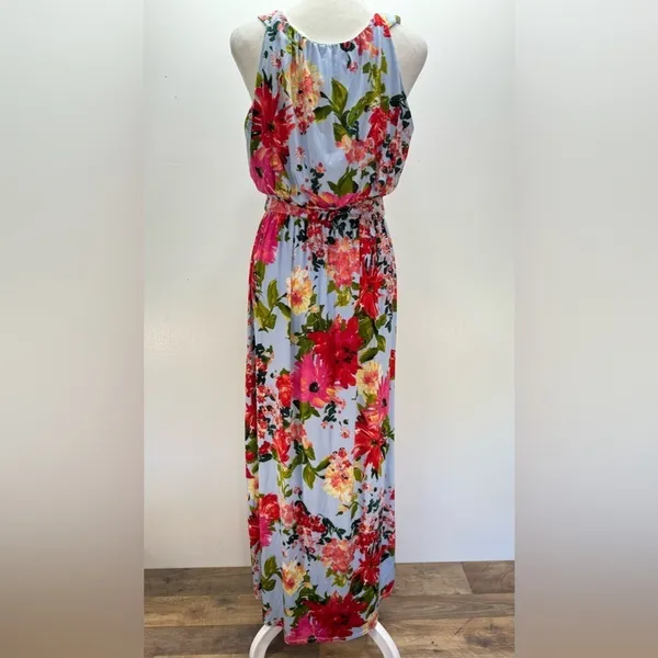 Tropical Floral Print Halter Maxi Dress Baby Blue Gilli ModCloth Vacation Party - Image 4