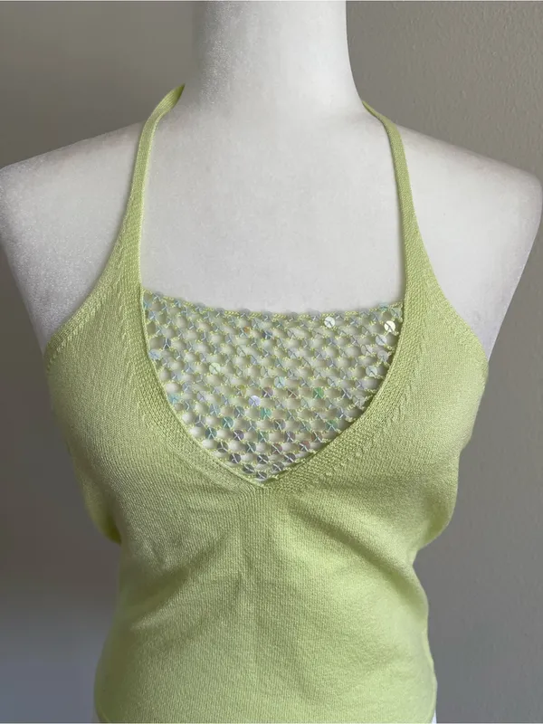 Express Light Green Halter Knit Camisole with Mesh Inset - Image 2