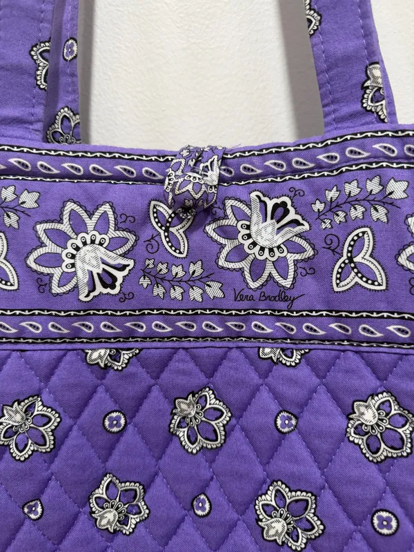Vera Bradley Purple Quilted Tote Bag Floral Paisley Print Cotton Shoulder Bag - Image 3