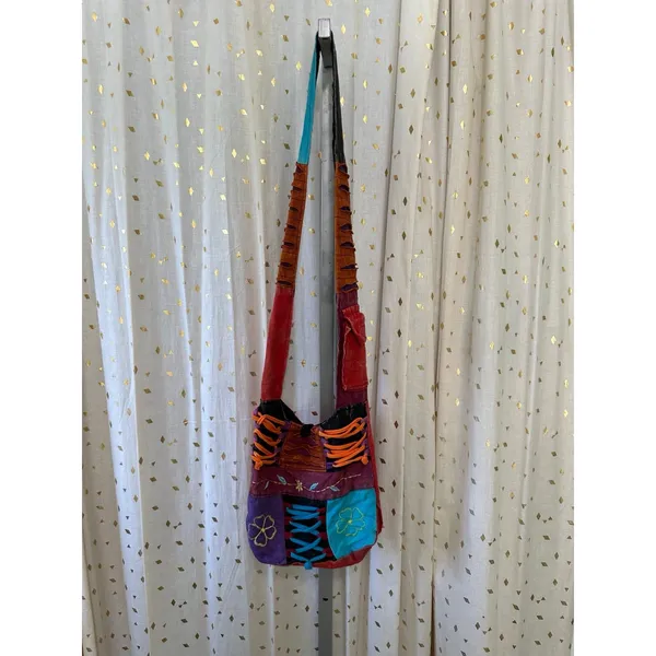 100% Cotton Mineral Wash Dye Geometric Embroidered Patchwork Crossbody Bag - Image 2