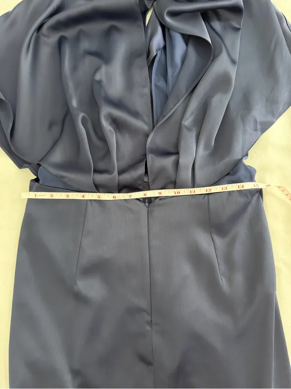 ASOS Navy Satin Wrap Mini Dress Size US 8 Tie Waist Open Back - Image 12
