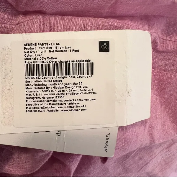 Nicobar Women's Size XS‎ Serene Pant Lilac Purple Wide Leg Gathered 100% Cotton - Image 16