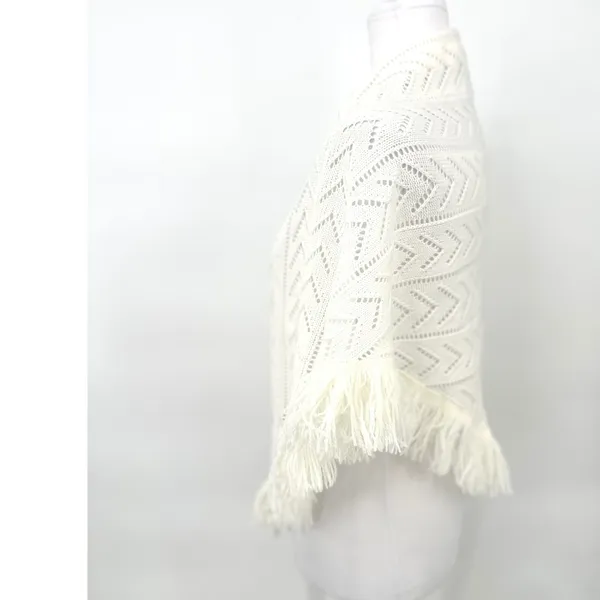 Vintage Shawl Wrap Women OS Ivory Pointelle Knit Fringe Crochet Boho Grannycore - Image 3