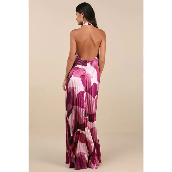 NWT Lulus Prime Poise Pink Multi Abstract Satin Halter Maxi Dress Open Back XXS - Image 4