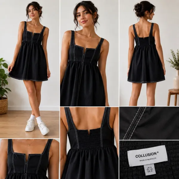 Collusion Black Contrast‎ Stitch Babydoll Mini Dress Square Neck US 2 F103749 - Image 2