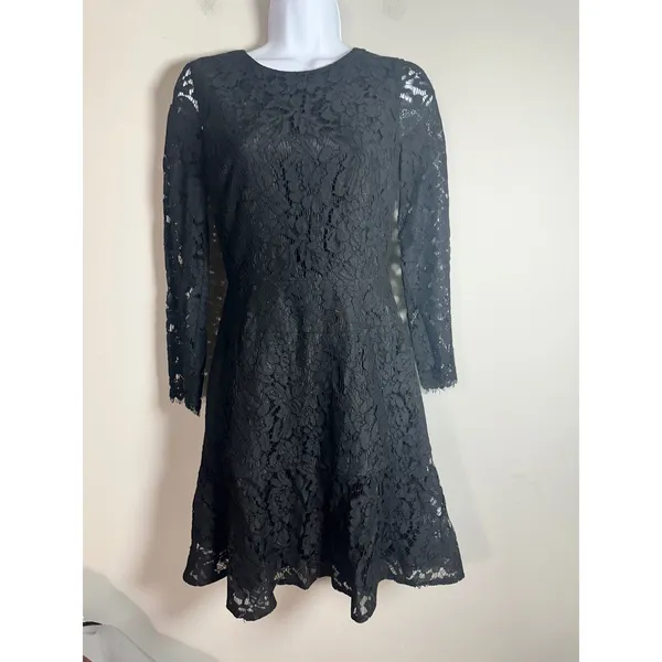 J.Crew Womens Black Floral Lace Long Sleeve Fit and Flare Dress Size 00 - Image 3