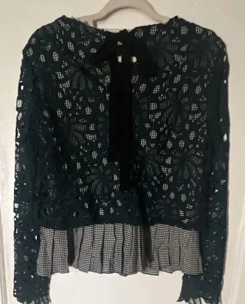 Maeve Anthropologie Gabriella Green Lace and Gingham Peplum Long Sleeve Top - Image 2