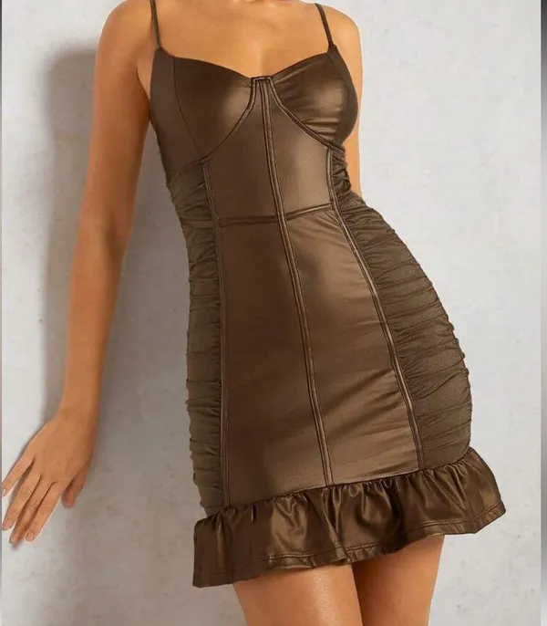 Ruched side Ruffle hem Bodycon Dress Brown Size M - Image 3