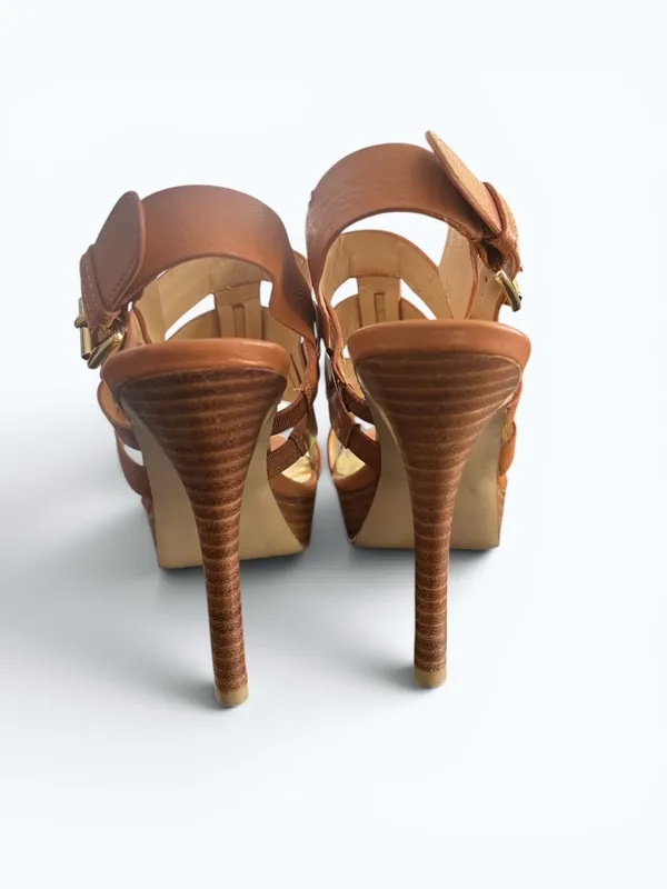 Marc Fisher Brown Leather Strappy Woven Platform Sandals Chunky Heel Sz 6.5 - Image 6