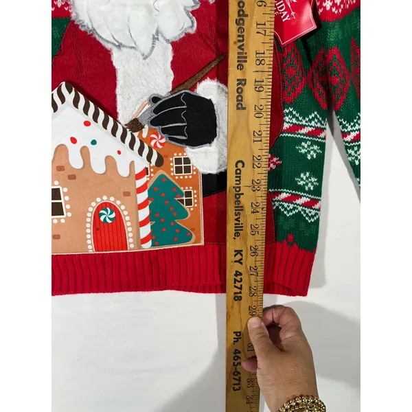 Holiday Time Ugly Unisex Christmas Santa Sweater Pocket House‎ Red/Green Sz S - Image 4