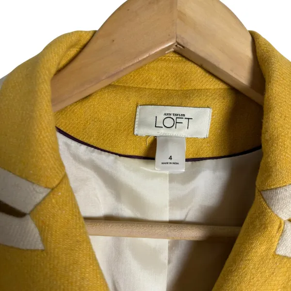 Ann Taylor LOFT Yellow Double Breasted Contrast Trim Wool Blazer Jacket Size 4 - Image 2