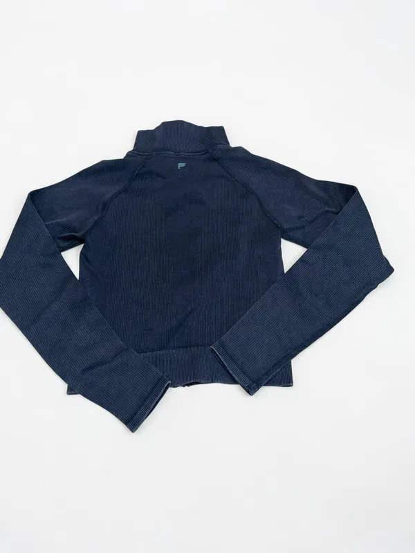 Fabletics Ribbed Seamless Full Zip‎ Jacket Navy Blue Mock Neck Cropped Small - Image 2