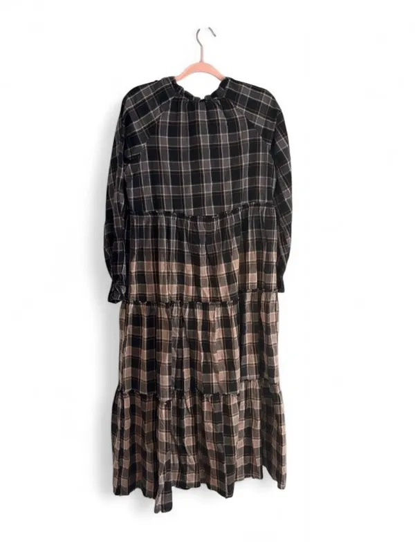 Prómesa Truly Tartan Tiered Midi Prairie Dress Black Brown Ombre Plaid Boho Sz S - Image 4