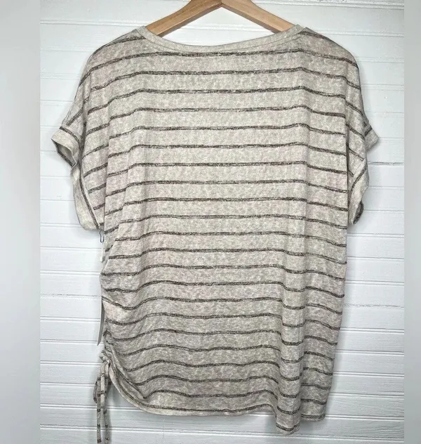 Caslon Women's Beige Striped Short Sleeve Drawstring T-Shirt Size L in Oatmeal - Image 3