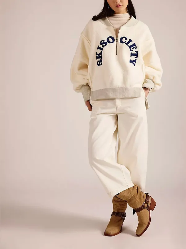 NWT Free People Tricia Fix Ski Society Quarter Zip - ivory white navy - Large - Image 3