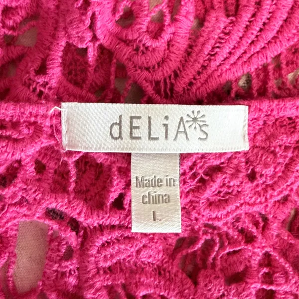 Delia's Crochet Tank Top Large Hot Pink Floral Open Knit Sleeveless Boho - Image 6