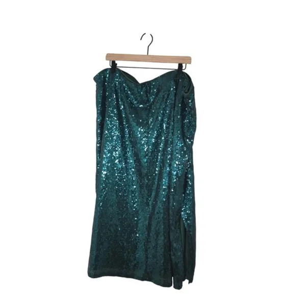 ELOQUII Sequin Midi Skirt 28 Emerald Teal Green Elastic Waist Side Slit Party - Image 2