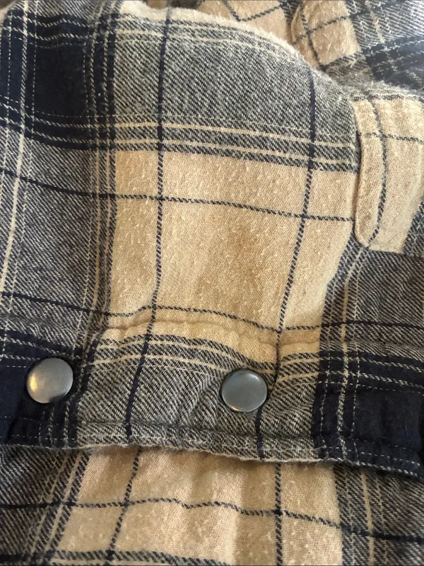 Lucky Brand Plaid Flannel Shacket Sherpa Lined Snap Front Tan Black Gray M - Image 6