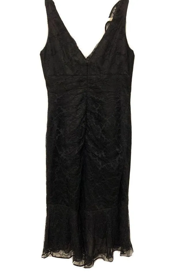Carmen Marc Valvo Size 6 Black Silk Lace Overlay Ruffle Sleeveless Midi Dress - Image 3