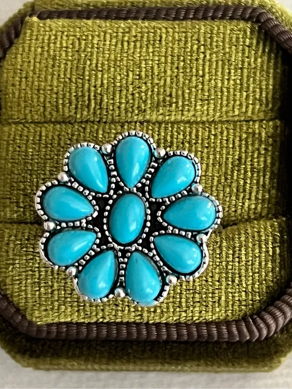 Boho/Chic Blue Turquoise Flower Design Stainless Steel Silver Statement Ring S 9 - Image 2