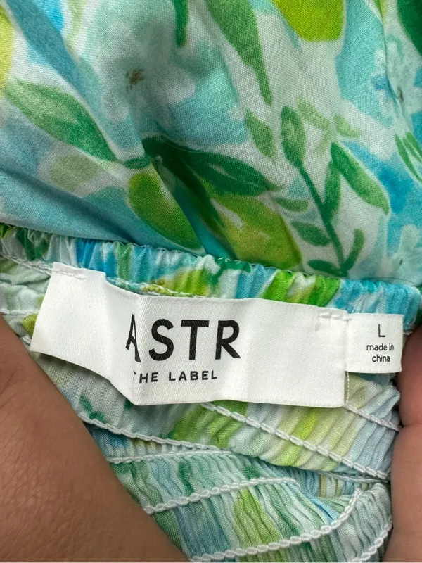 ASTR The Label Ruched Bodice Cotton Aqua Lime Print Dress Women’s Large - Image 3