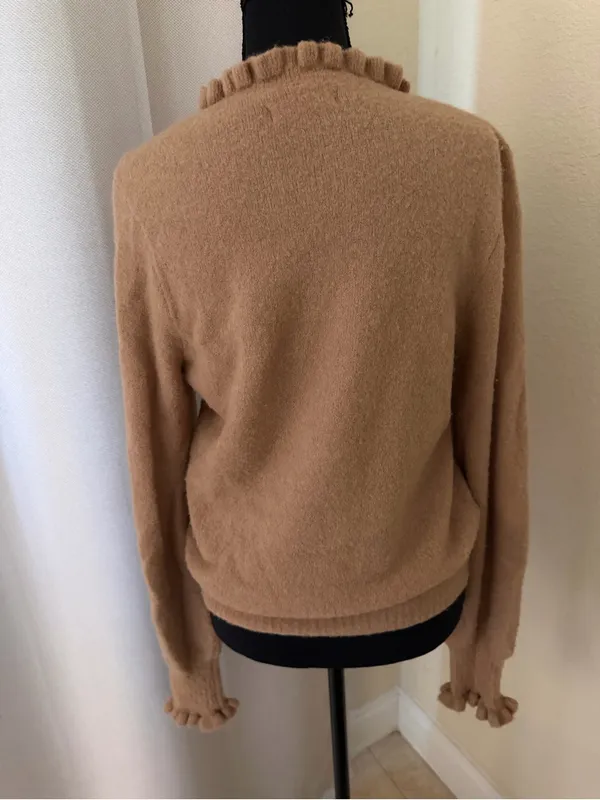 DOEN Alpaca Wool Blend Ruffle Trim Sweater Camel Puff Sleeve Knit Small - Image 7