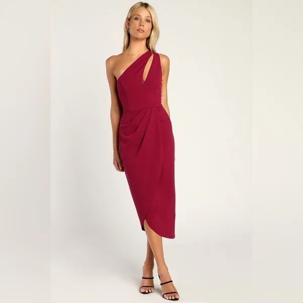 Lulus Burgundy So Flirty One Shoulder Cutout Asymmetrical Dress NWT - Image 3