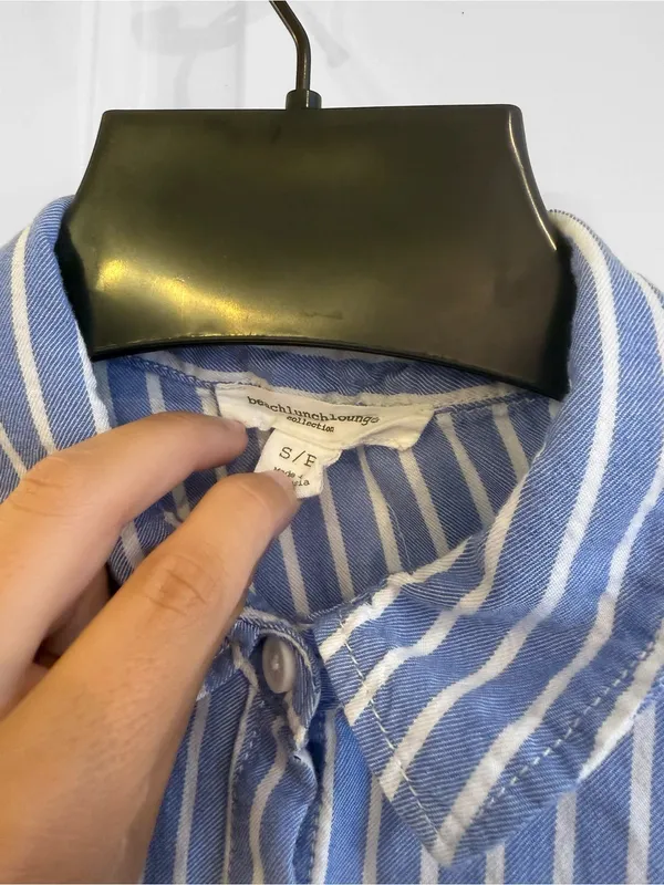 beachlunchlounge Blue and White Striped Button-Down Ruffle Sleeve Blouse - Image 3