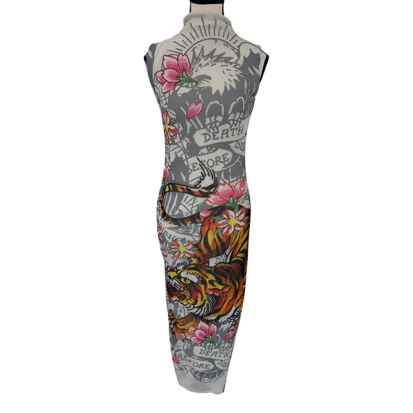 Ed Hardy Tattoo Tiger Mesh Maxi Dress Y2K Grunge Cyber Mock Neck Bodycon Size S - Image 2