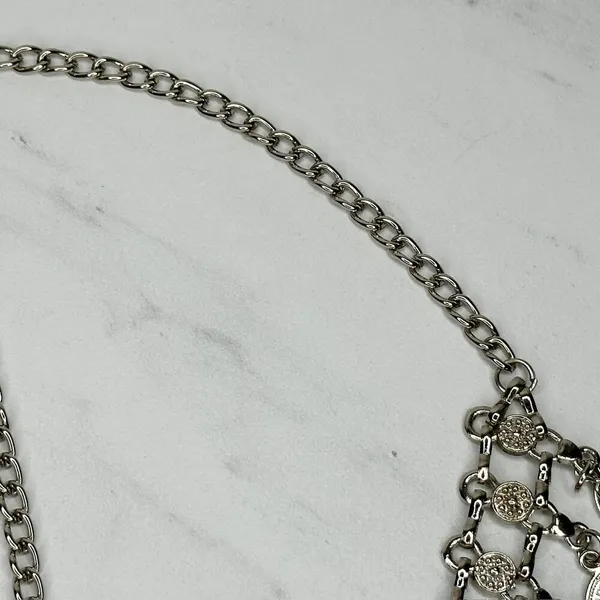 Rhinestone Cross and Coin Charm Silver Tone Metal Chain Link Belt OS One Size - Image 9