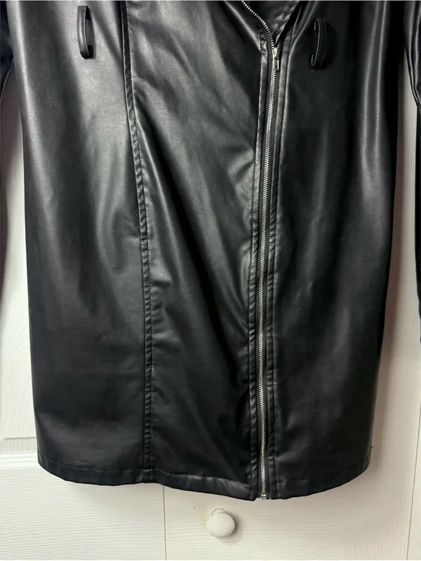PrettyLittleThing Black Faux Leather Long Moto Jacket Padded Shoulders 12 Large - Image 5