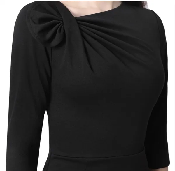 Elegant Black Dress - asymmetric bow neck - Image 2