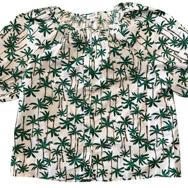 J CREW Palm Trees Tropical Printed Cotton Button Down Puff Sleeve Top Sz Medium - Image 4