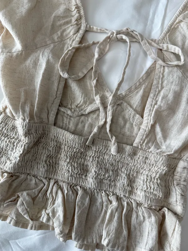 Cream Linen Blend Puff-Sleeve Cropped Peplum Top - Image 5