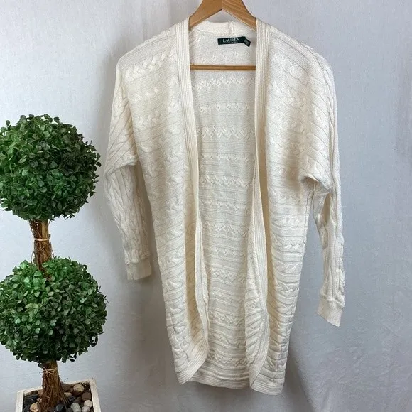 Ralph Lauren White Cable Knit Open Front Cardigan Sweater S/M - Image 2