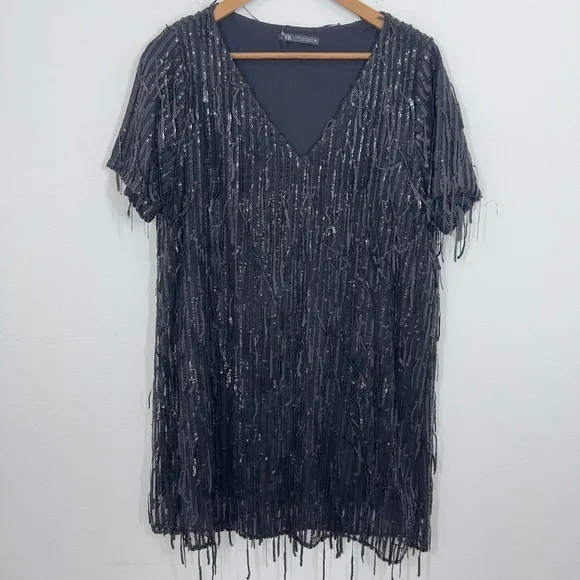 Zara Black Sequin Fringe Flapper 20s‎ Short Sleeve V Neck Mini Dress Party - Image 2