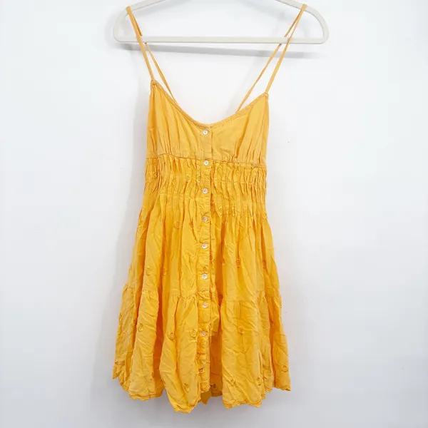Urban Outfitters Womens Yellow Sandy Boho Embroidered Lace Up Back Mini Dress M - Image 3