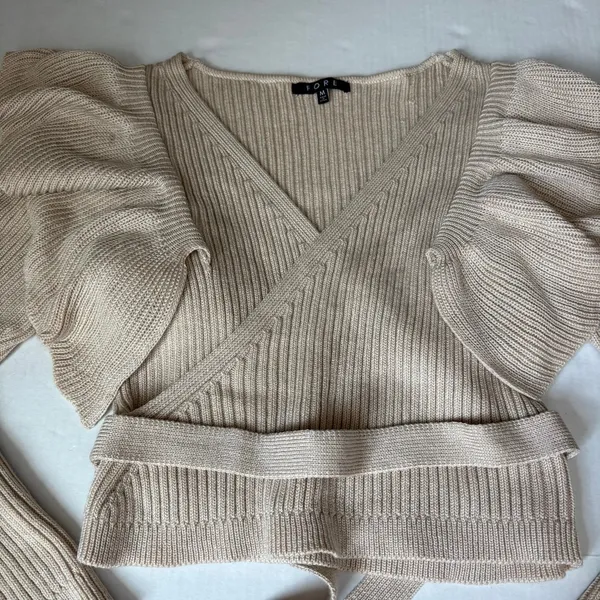 FORE Wrap long sleeve ruffle ribbed knit Sweater Tan Size M - Image 6