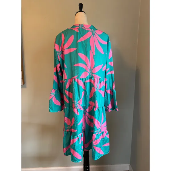 Teal Hot Pink Tropical Leaf Tiered Babydoll Dress Bell Sleeve resort beach xxl - Image 6