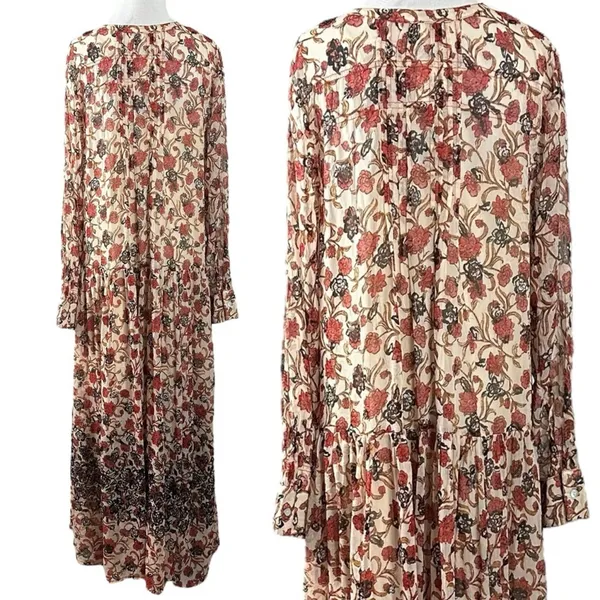 Free People Bohemian Billowy Floral See It Through Maxi Dress Tea Combo Large - Image 10