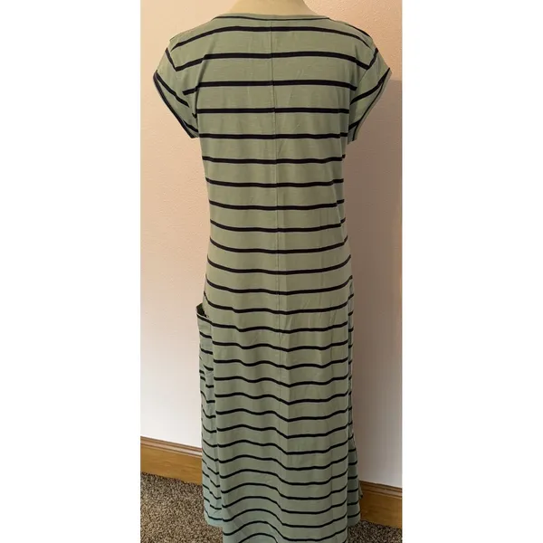 Toad & Co‎ Samba Muse Dress Green W/Navy Stripe Organic Cotton Travel Midi Med - Image 2