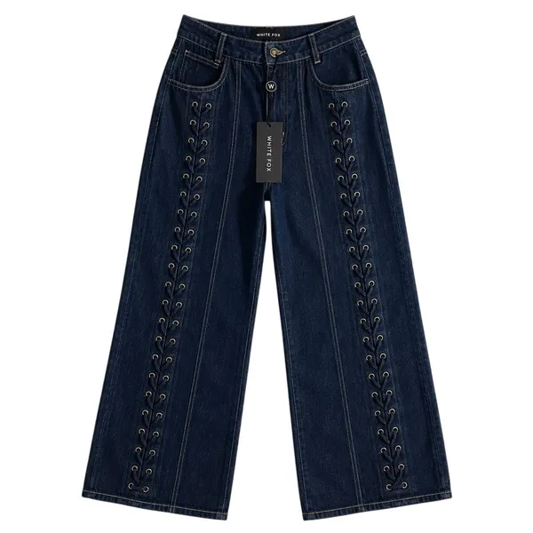 NWT White Fox Serenity Mid / High Rise Lace Up Wide Leg Dark Wash Denim XS Y2K - Image 10