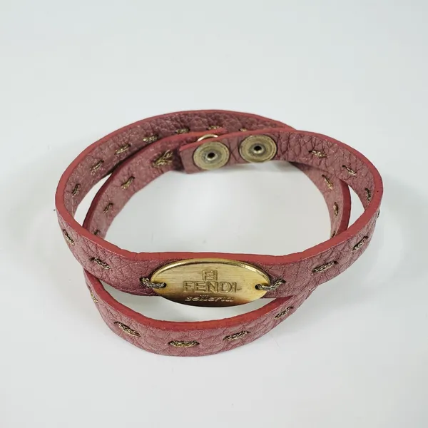 Fendi Pink Leather Selleria Wrap Bracelet 7in Gold Tone Logo Snap Designer - Image 2