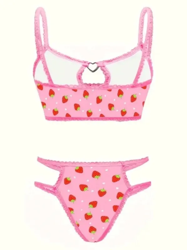 Pink Strawberry Heart Cutout Lingerie Set Bralette & High-Cut Panty NWT Size L - Image 2